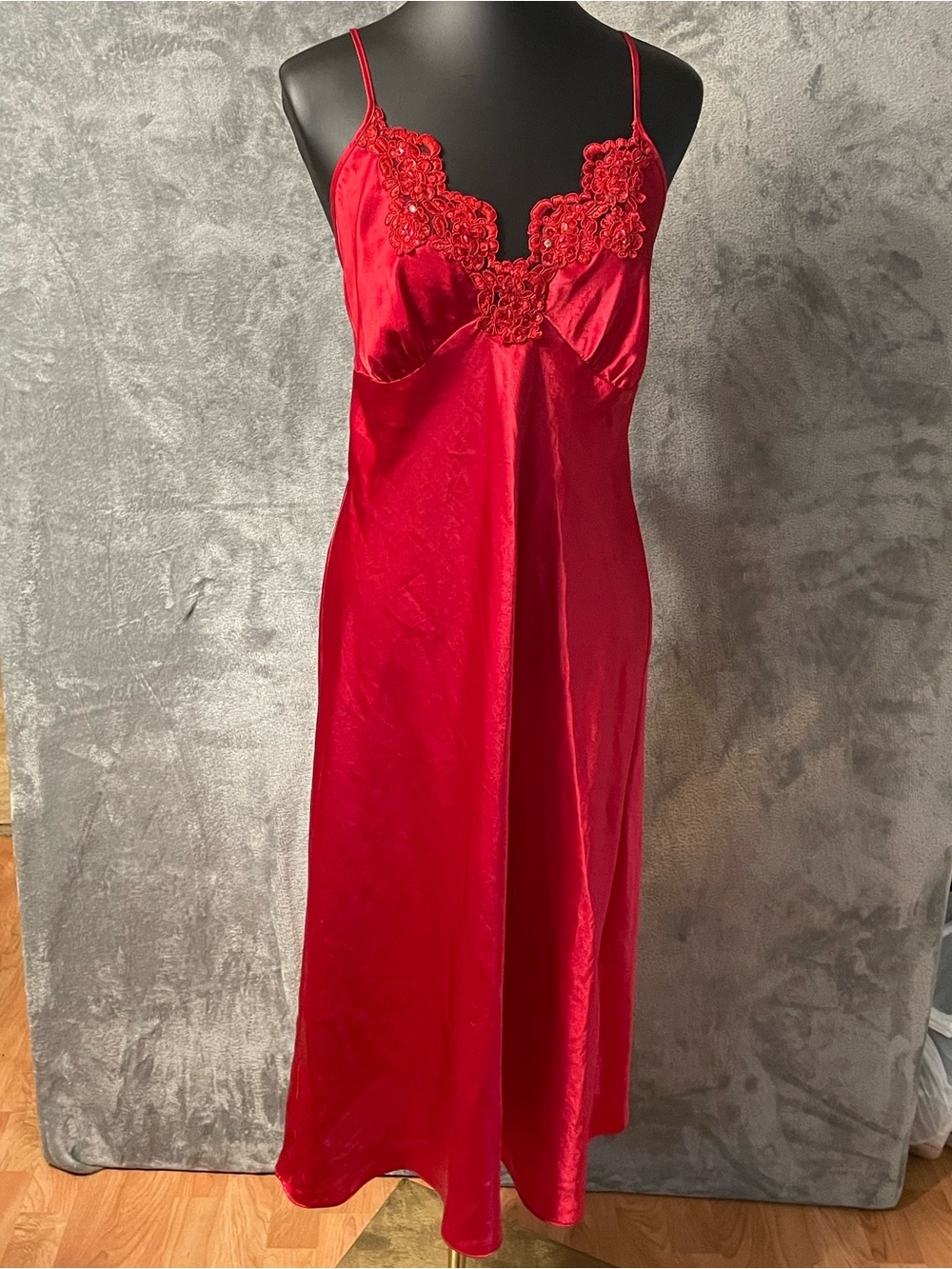 Women's Red Satin Lace-Trim Slip Dress